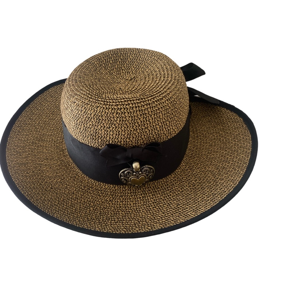 Jeweled Pin Tan and Black Wide-Brim Hat - L brown tan straw , - Picture 3 of 5